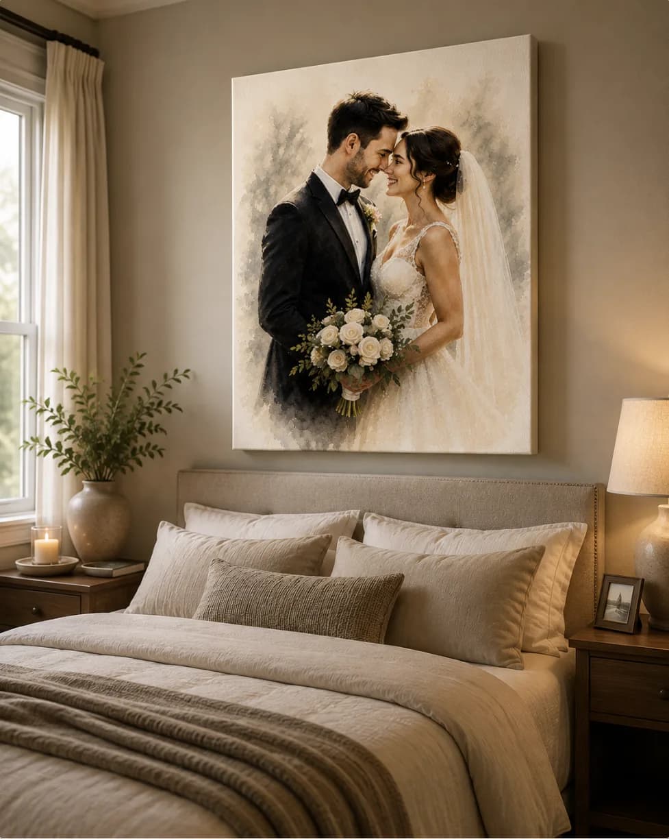 Wedding watercolor portrait printed on canvas above a warm, elegant bed
