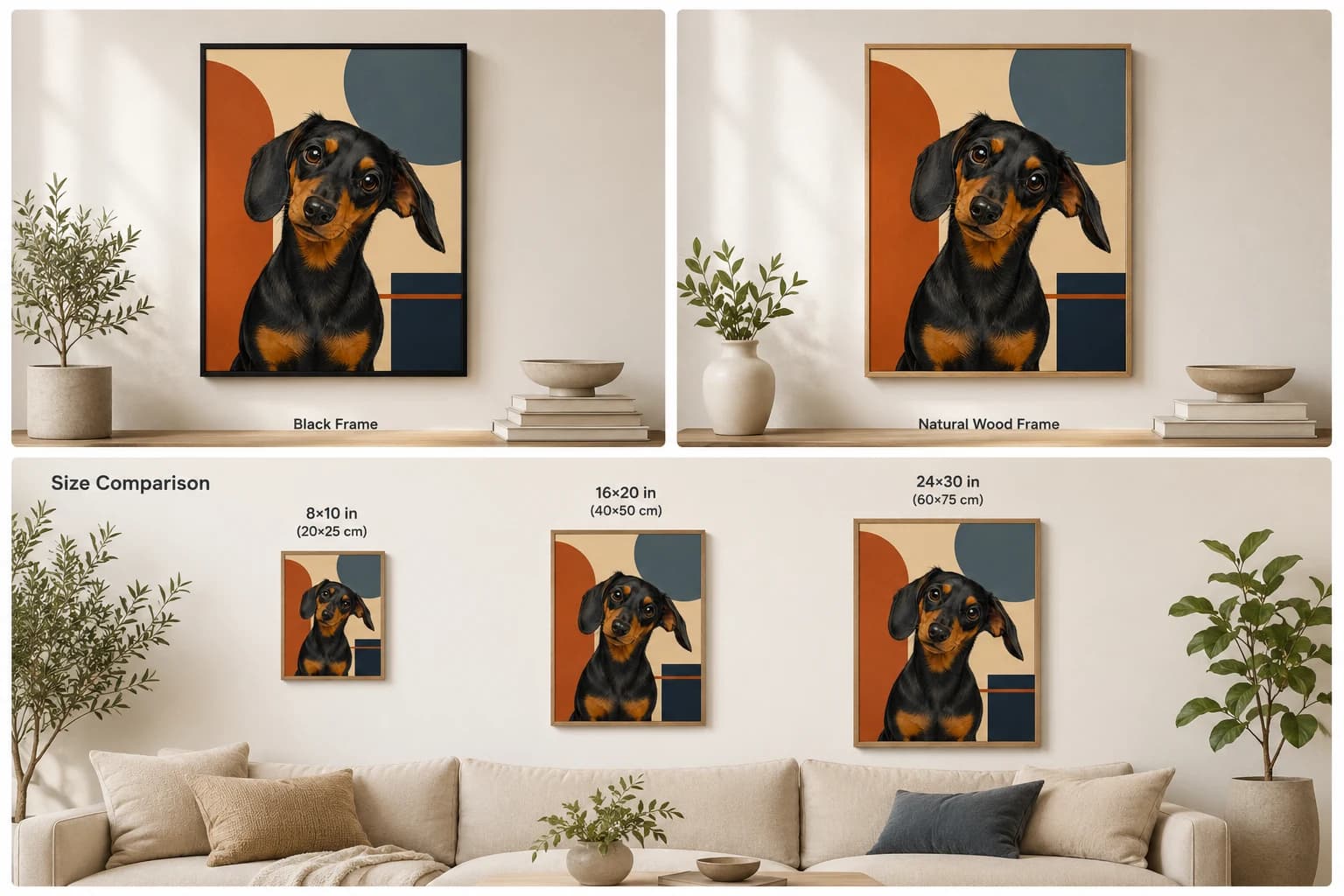 Custom pet portrait shown in Black and Natural Wood floating frames with size references