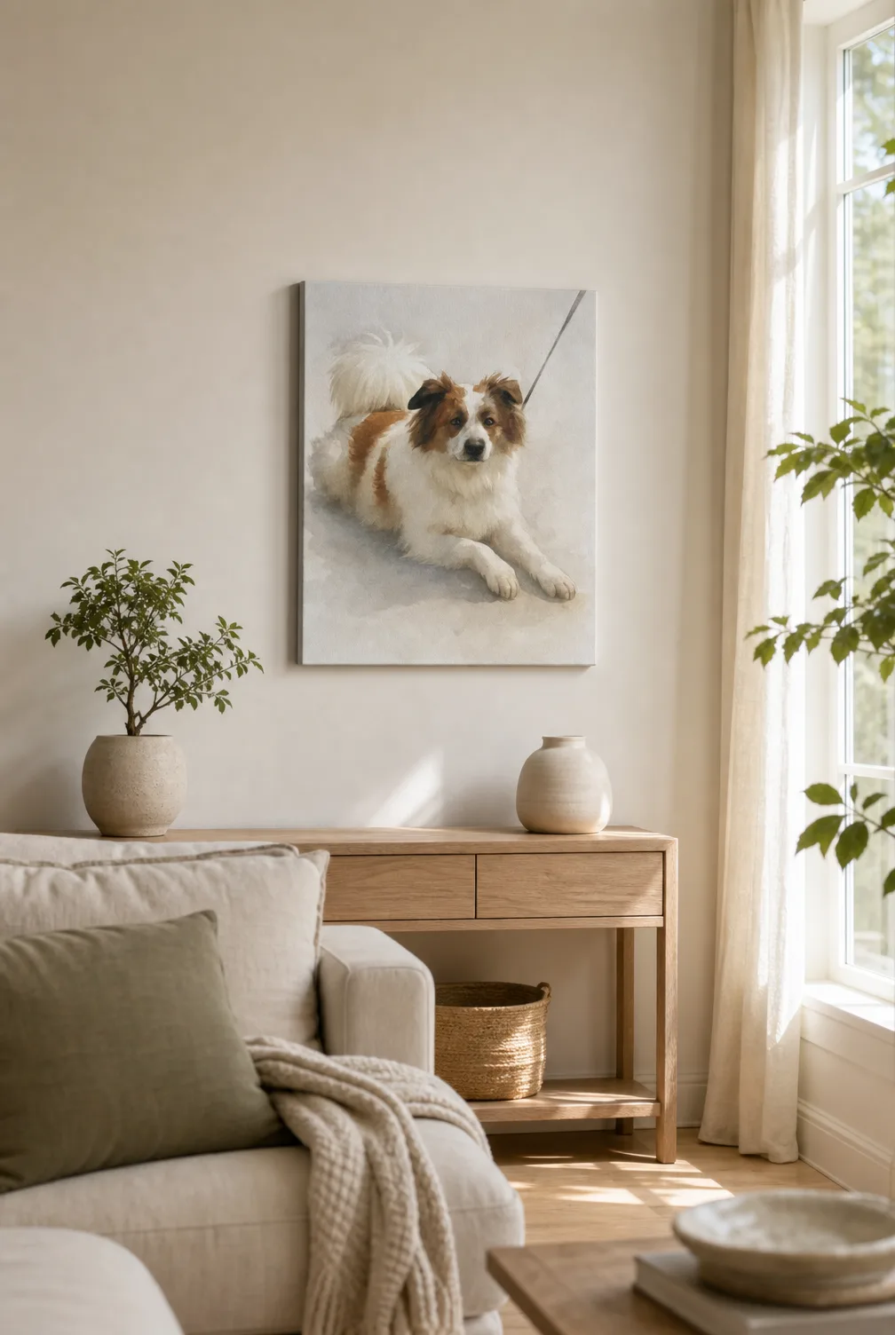 Pet watercolor portrait printed on canvas in a sunlit living room