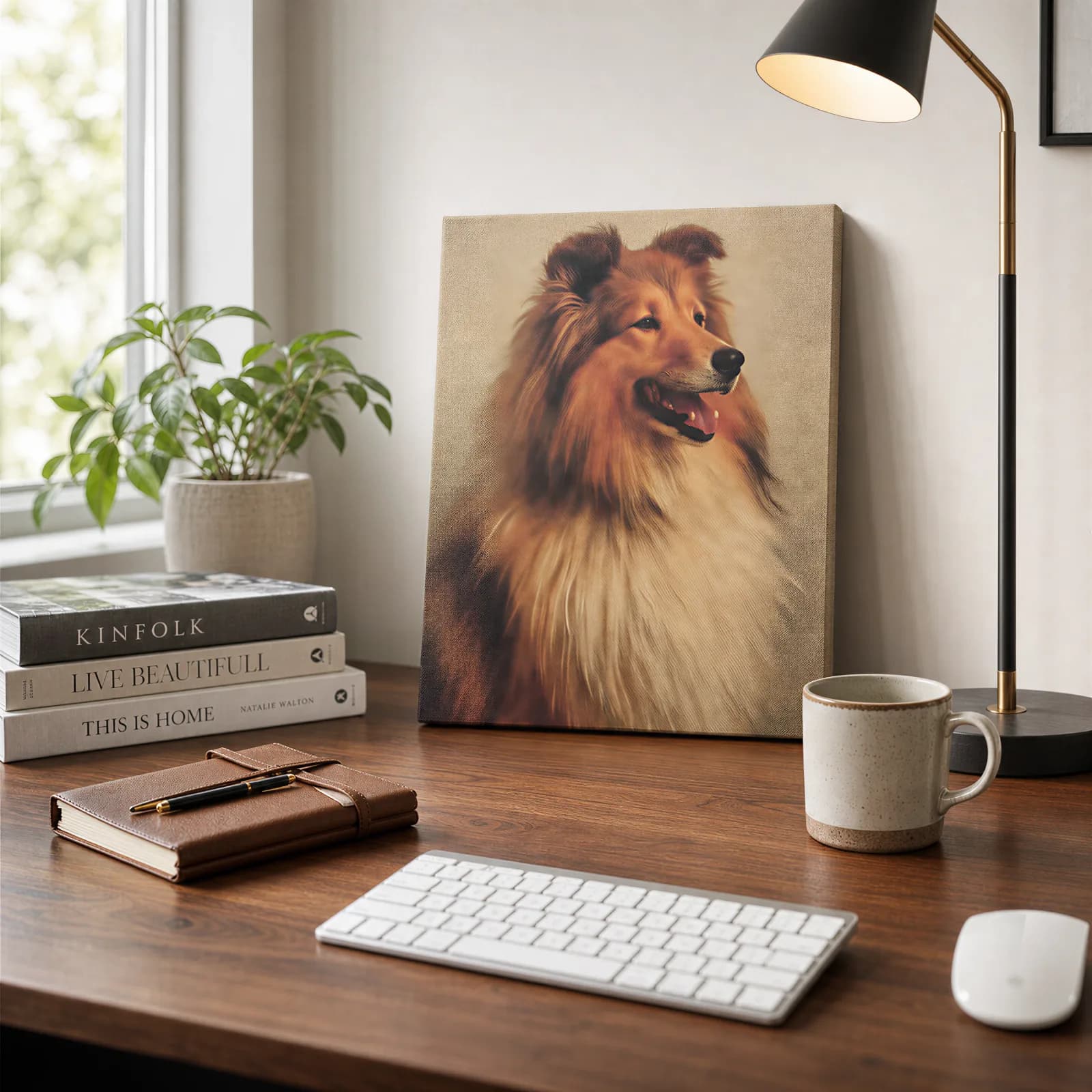 Classic oil pet portrait printed on canvas and displayed on a home office desk